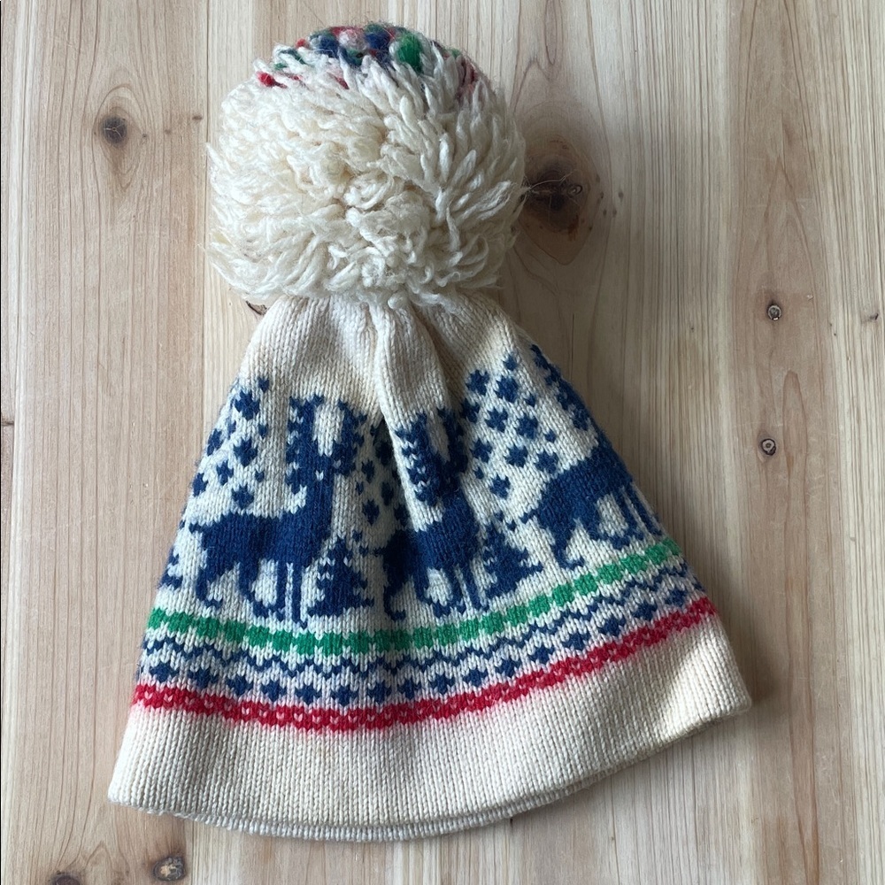 Andres Vintage Kids Hand Knit Pure Wool Nordic Knit Reindeer Winter Hat